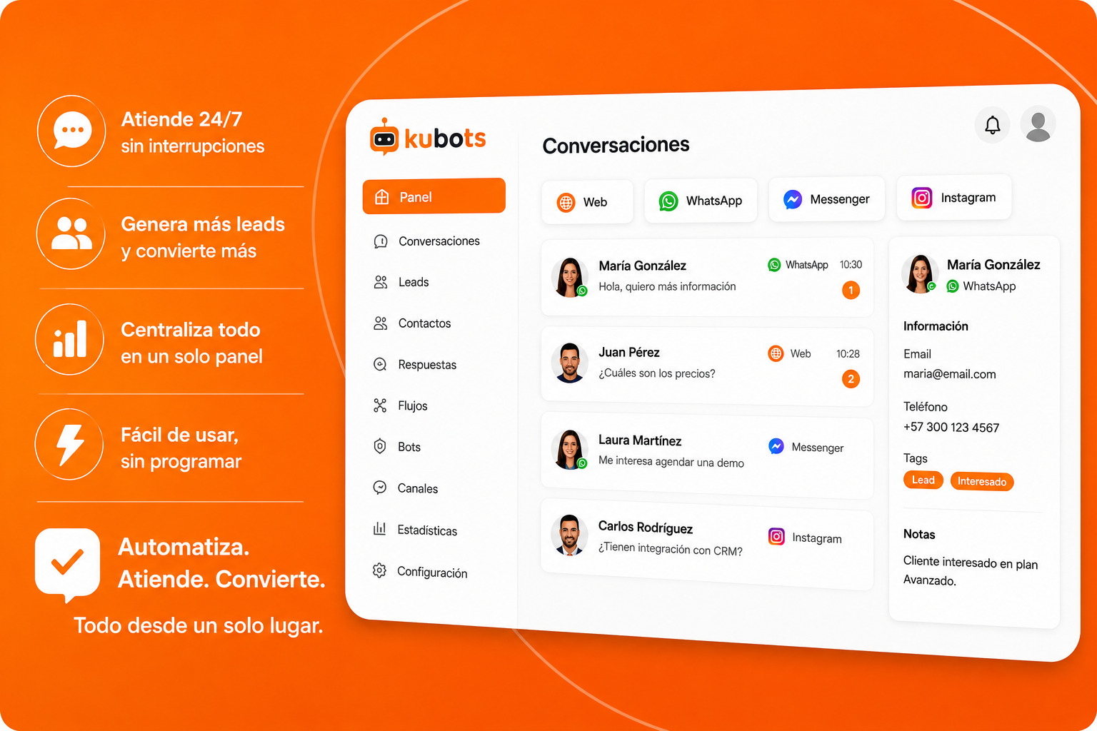 Kubots dashboard with WhatsApp, Messenger and Instagram conversations in one place